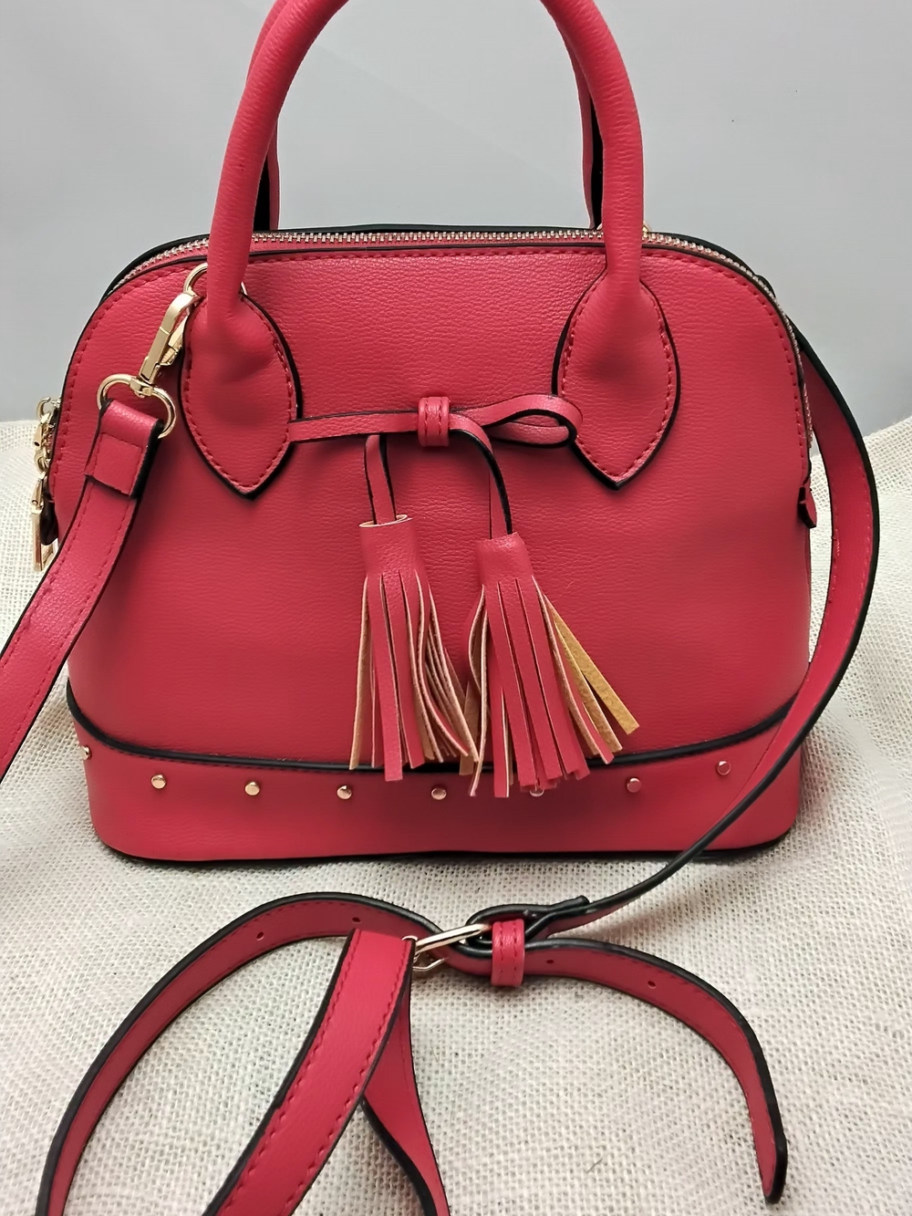 Women's Tassel Satchel Handbag in Red with Gold Accents